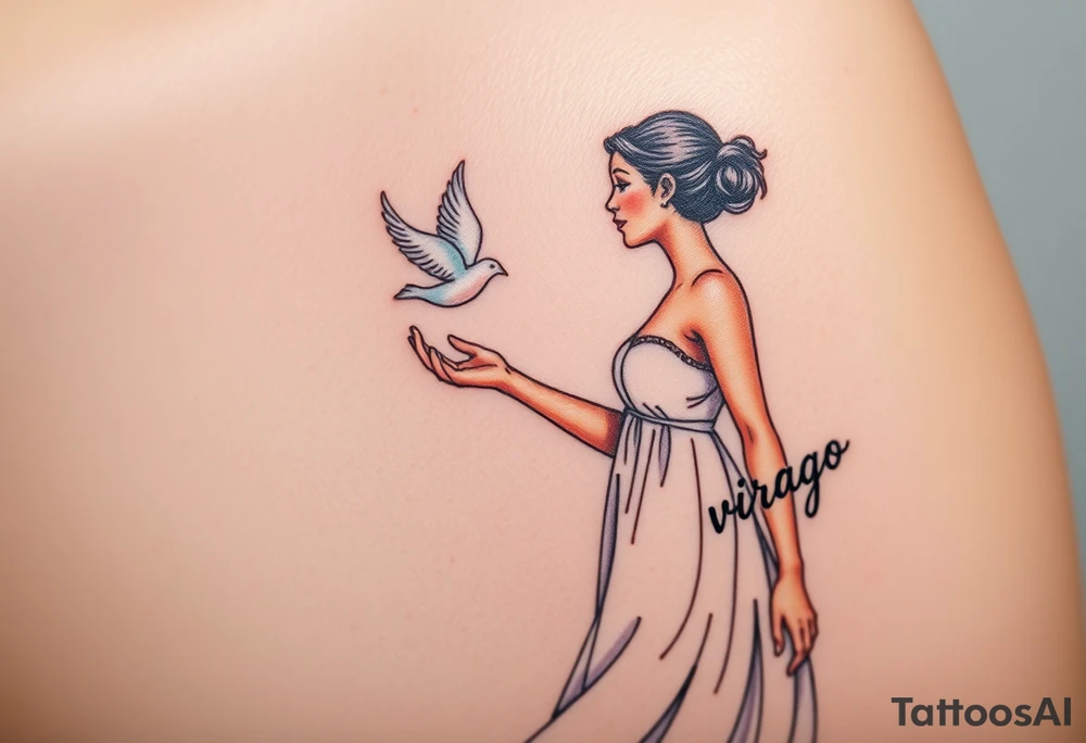 A young woman in a white flowing dress, releasing a glowing dove into the night sky and the word virgo tattoo idea