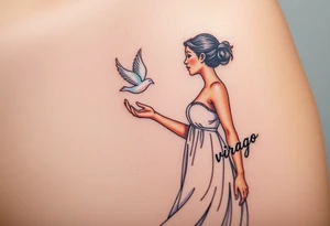 A young woman in a white flowing dress, releasing a glowing dove into the night sky and the word virgo tattoo idea