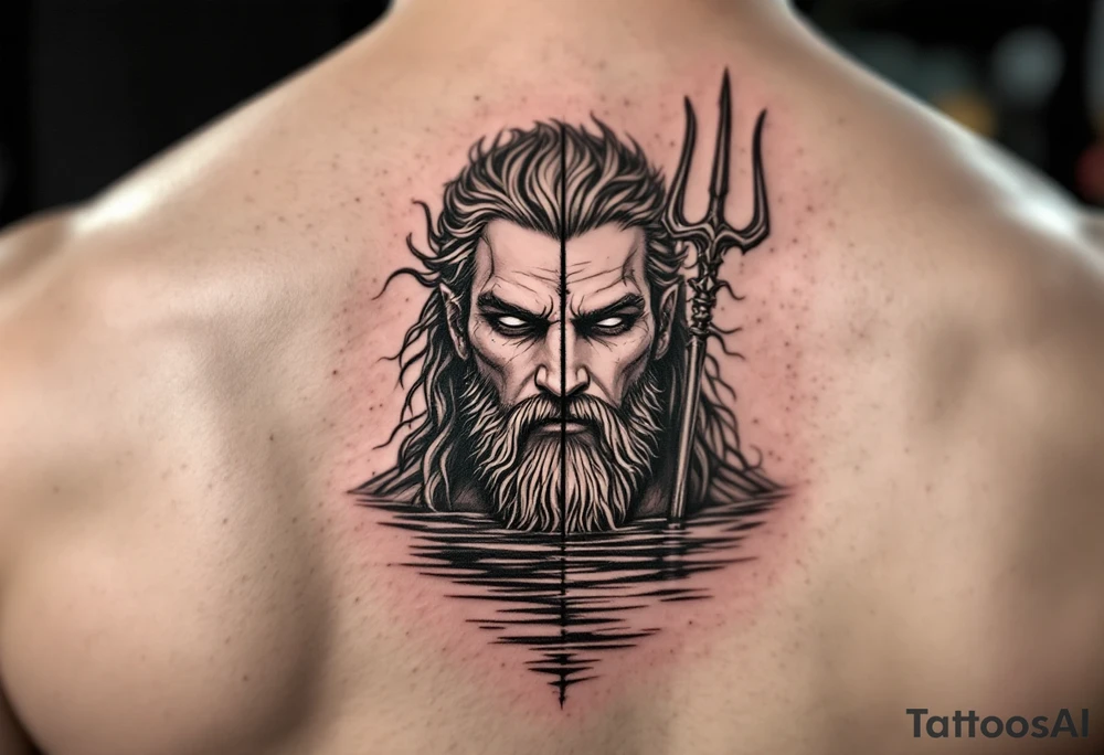 poseidon with trident half way in calm water tattoo idea