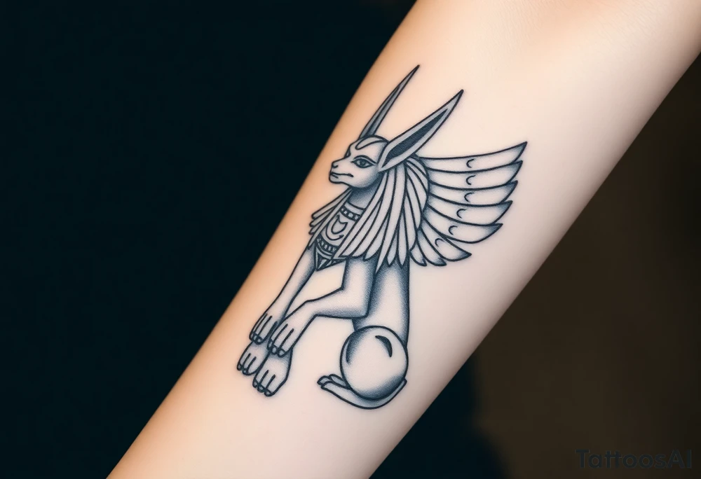Design a tattoo of Anubis, as though it was carved into stone, it should have a sculptural stone like featured with a classic Anubis style their design should fill a forearm and be hyper, realistic, black, and gray tattoo idea