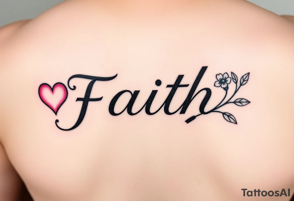 Script horizontal  faith with letter I having a pink heart and the t being a cross with an April flower at  that end and a scrolled stem w 2 leaves tattoo idea