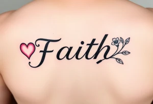 Script horizontal  faith with letter I having a pink heart and the t being a cross with an April flower at  that end and a scrolled stem w 2 leaves tattoo idea