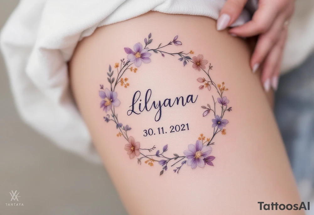 Lenka 30. 11. 2021 – Lavender and soft gold flowers circling Lilyana's birthdate, in a delicate cursive font. tattoo idea