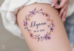 Lenka 30. 11. 2021 – Lavender and soft gold flowers circling Lilyana's birthdate, in a delicate cursive font. tattoo idea