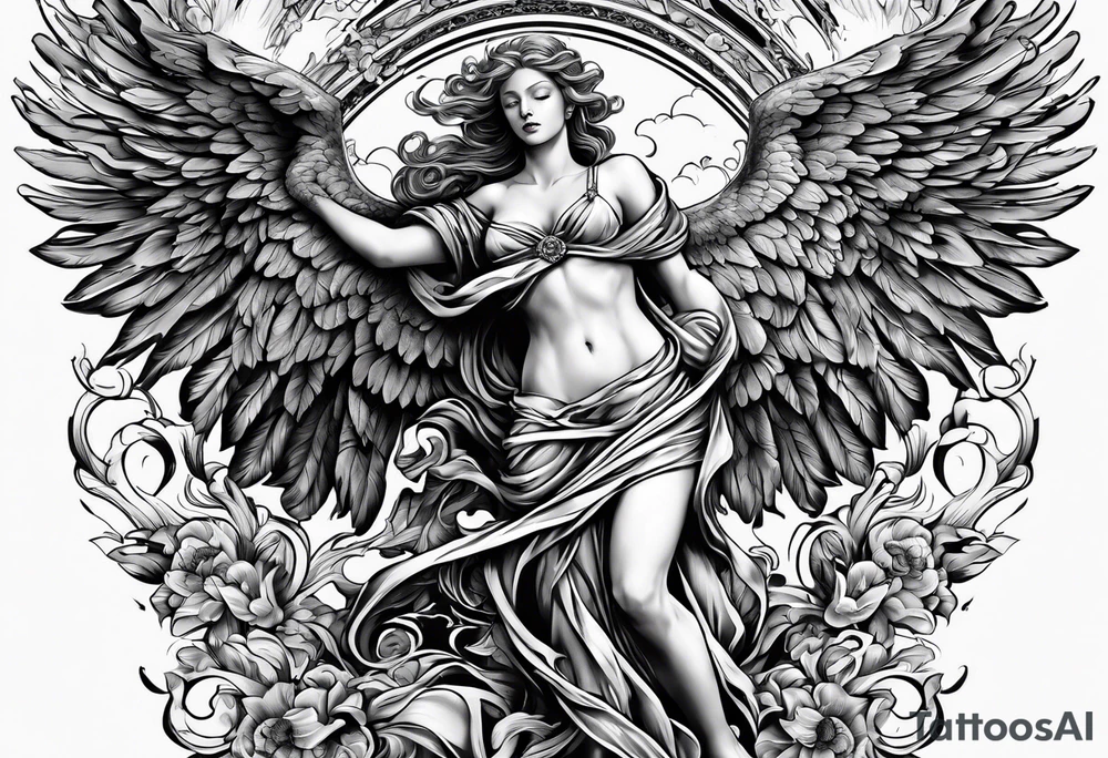 arm sleeve heaven at the top, angel
falling down hellfire at wrist tattoo idea