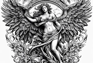 arm sleeve heaven at the top, angel
falling down hellfire at wrist tattoo idea
