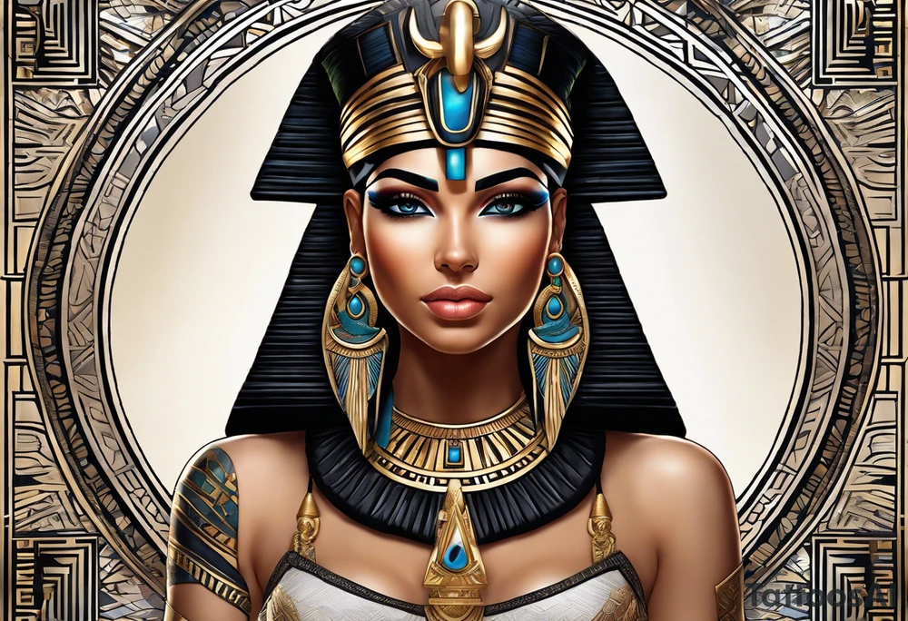 Egyptian figure girl. The figure should be full, featuring a regal headdress and detailed facial markings reminiscent of ancient Egyptian art. Include mystical and symbolic elements such as the Eye of Horus and ankh, blending subtly with geometric background patterns. 
Hyperrealism tattoo idea