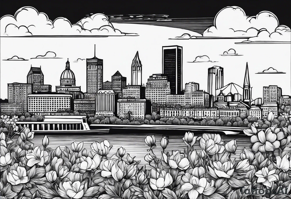 saint louis city skyline over a banner surrounded by flowers tattoo idea