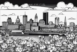 saint louis city skyline over a banner surrounded by flowers tattoo idea