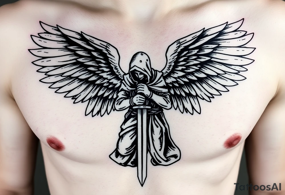Soldier Angel with long sword  kneeling looking down cloak over head wings
 spread tattoo idea