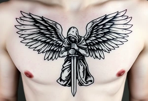 Soldier Angel with long sword  kneeling looking down cloak over head wings
 spread tattoo idea