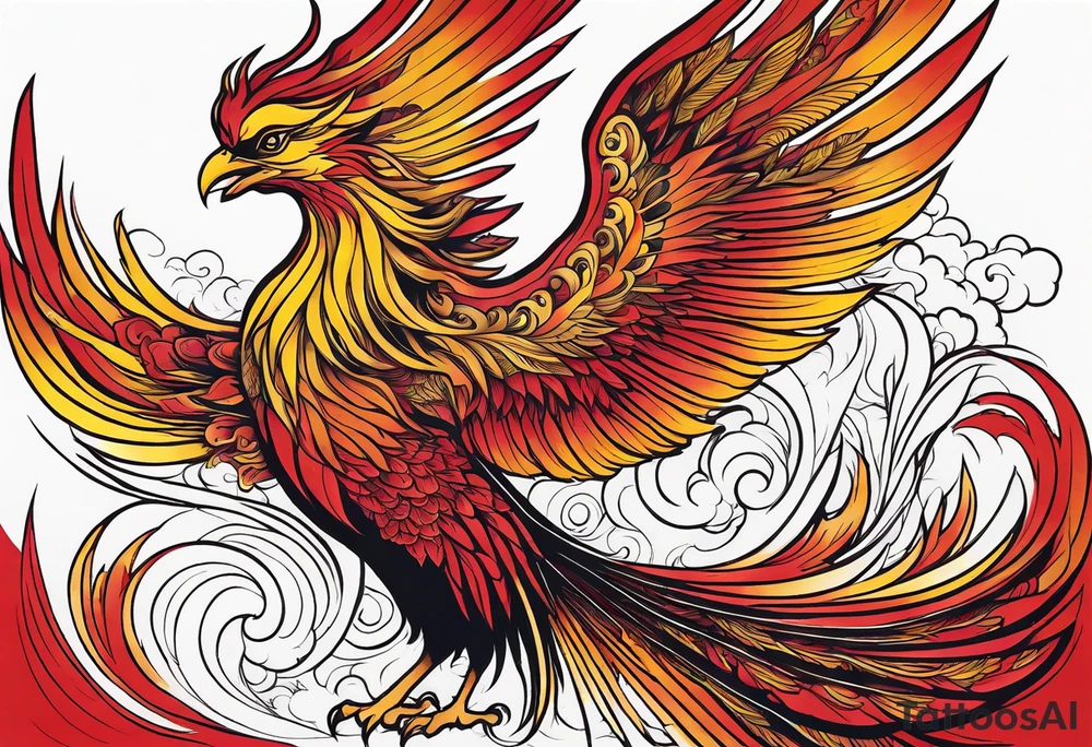 Phoenix rising up from the ashes, in the shades of red and yellow tattoo idea