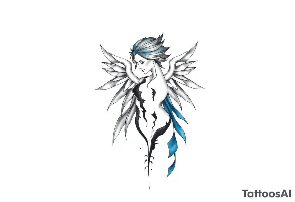 A minimalist tattoo that represents a shattered and betrayed gemini woman who fought hard throughout this year. With colors blue and black. Make it unique and rare. Without leaves and stem. tattoo idea