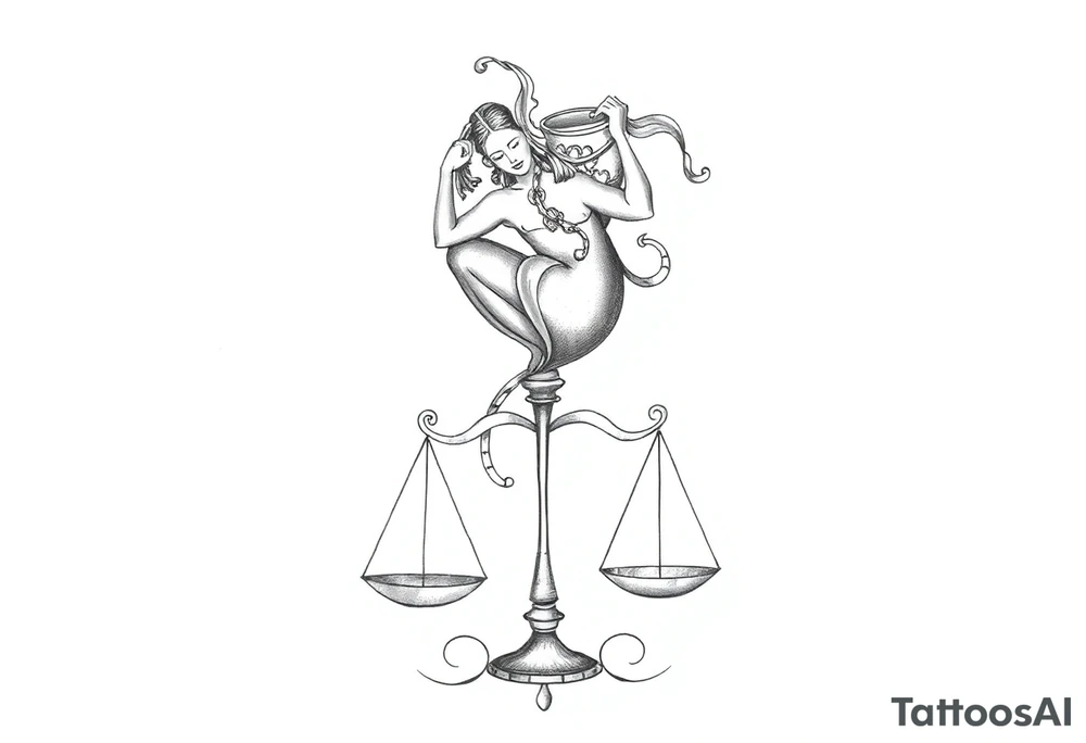I want a tattoo that combines the Aquarius water bearer and the Libra scales. The water should flow elegantly from the jug, merging into or balancing the scales below. tattoo idea