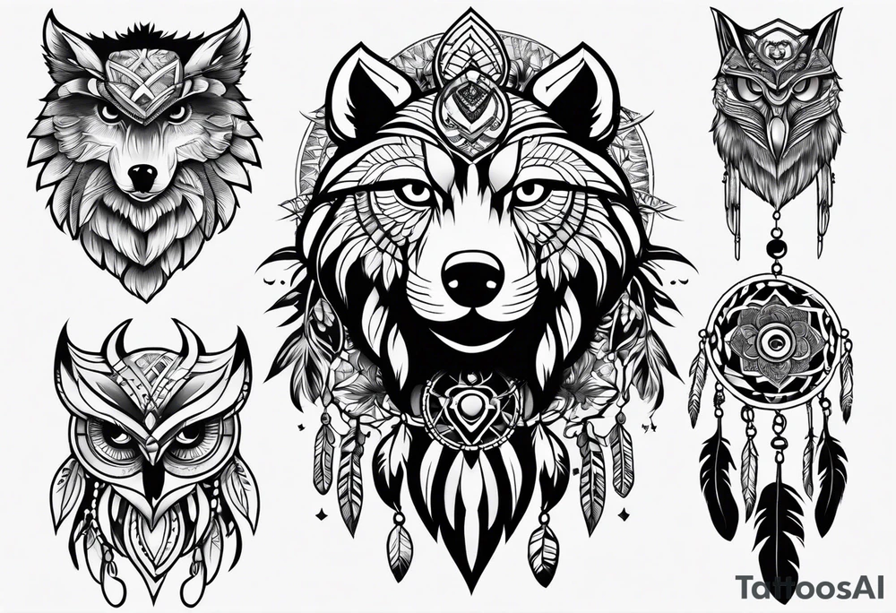 full sleeve with owl, wolf, beaver, and dream catcher tattoo idea