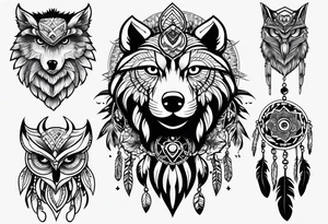 full sleeve with owl, wolf, beaver, and dream catcher tattoo idea