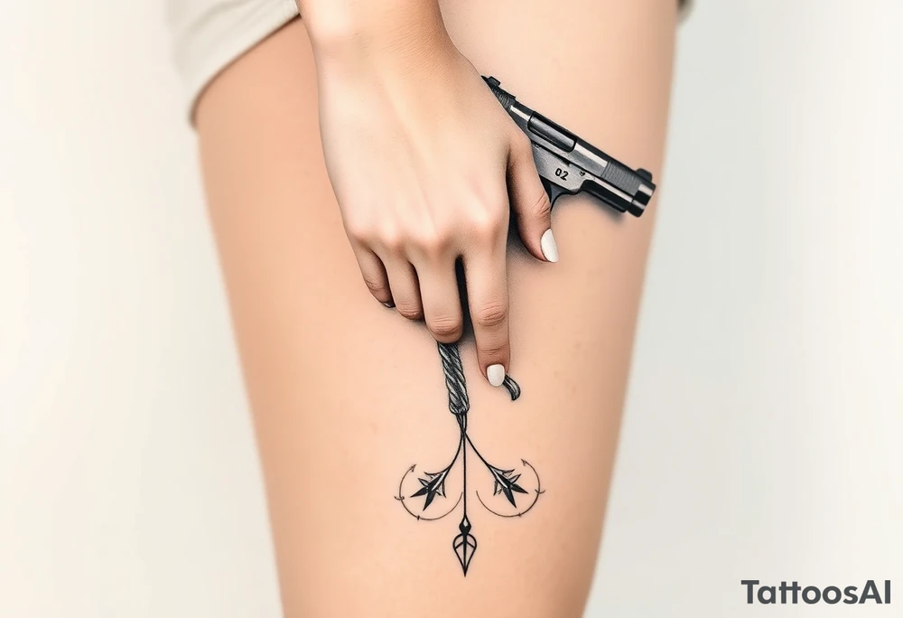 Feminine hand holding hand gun and compass, lace in background tattoo idea