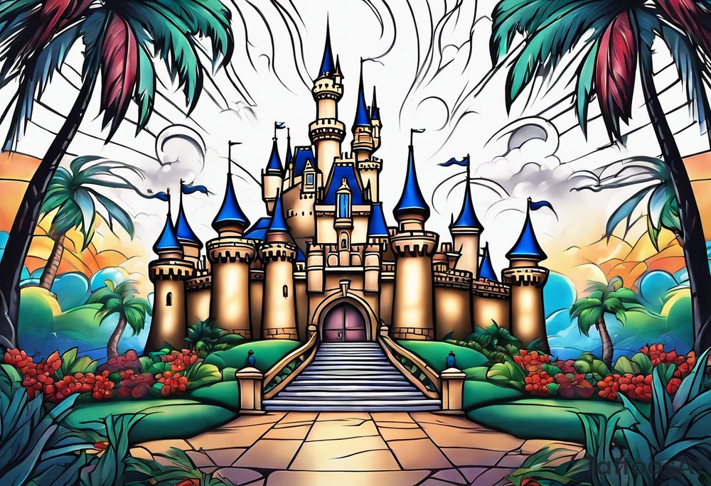 disney castle with a lightning storm palm trees and a mickey mouse tattoo idea