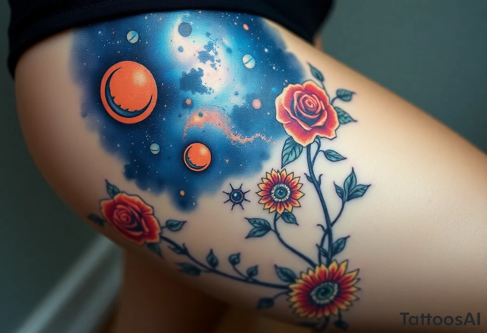 Milky way galaxy with planets with zodiac symbols and protection runes with red roses and sunflowers tattoo idea