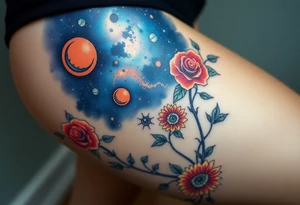 Milky way galaxy with planets with zodiac symbols and protection runes with red roses and sunflowers tattoo idea