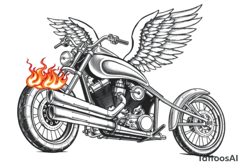 Low rider grey motorcycle, big muffler pipes with flames, angel wings, driving away, no person tattoo idea