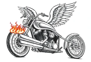 Low rider grey motorcycle, big muffler pipes with flames, angel wings, driving away, no person tattoo idea