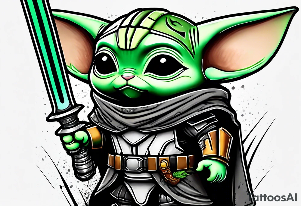 Baby grogu wearing black mandalorian armor,  and  wielding a green lightsaber tattoo idea