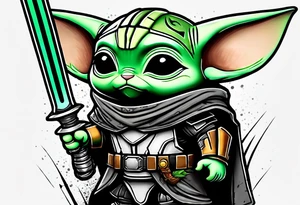 Baby grogu wearing black mandalorian armor,  and  wielding a green lightsaber tattoo idea