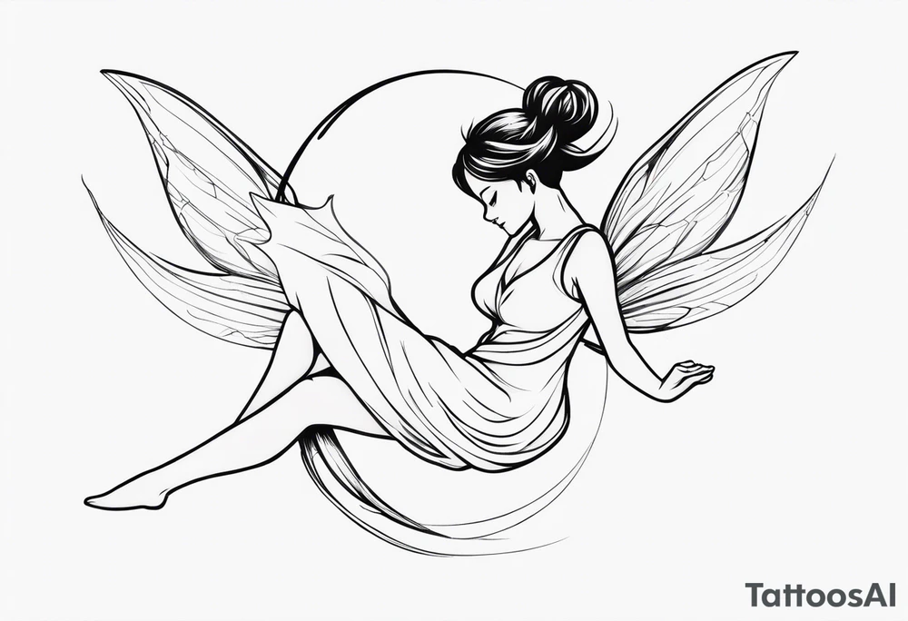 Minimalistic, monochromatic fairy with a tail flying to the left in a fetal position, leaning and looking in the same direction, with visible hands, embodying the 'Fairy Tail' logo aesthetic. tattoo idea