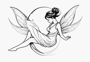 Minimalistic, monochromatic fairy with a tail flying to the left in a fetal position, leaning and looking in the same direction, with visible hands, embodying the 'Fairy Tail' logo aesthetic. tattoo idea