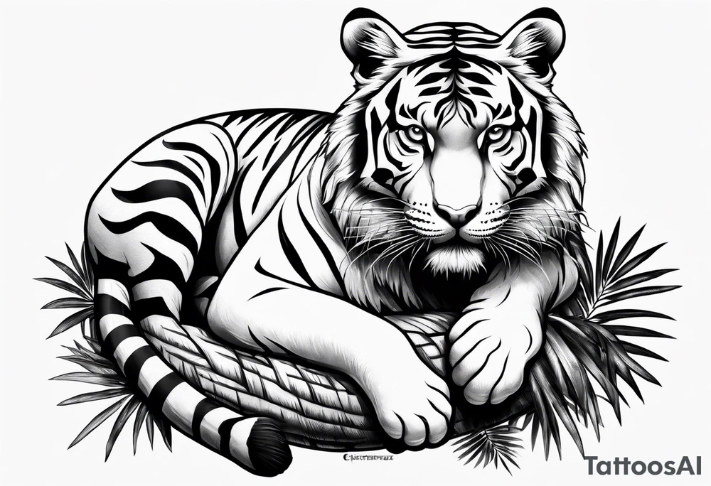 tiger laying on palm tree tattoo idea
