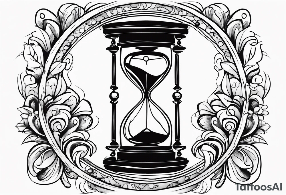 draw a clock/hourglass. They are surrounded by Roman numerals. It is a black and white tattoo for the right shoulder of a man tattoo idea