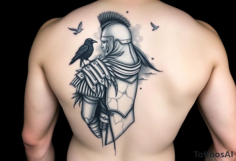 A black and grey tattoo sleeve design symbolizing silent battles and resilience. A worn gladiator with cracks in his armor stands tall, battle-weary but unbroken. Behind him, a shadowy figure represents the unseen struggles, partially obscured in mist. A single raven sits on his shoulder, symbolizing past darkness, while a faint dove soars above, representing faith and favor. Subtle tally marks blend into the background, representing victories no one sees. The design flows naturally with a balance of dark and light elements, blending realism with a slightly surreal feel. tattoo idea