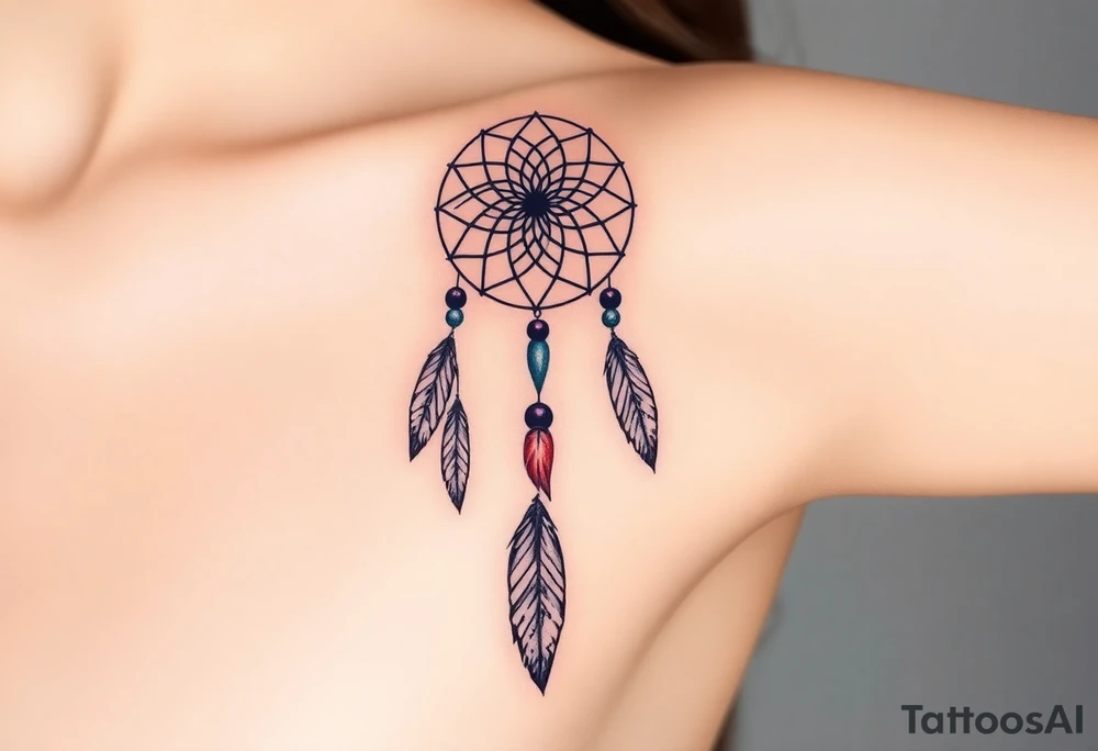 native dreamcatcher with flowing feathers and sacred beads tattoo idea