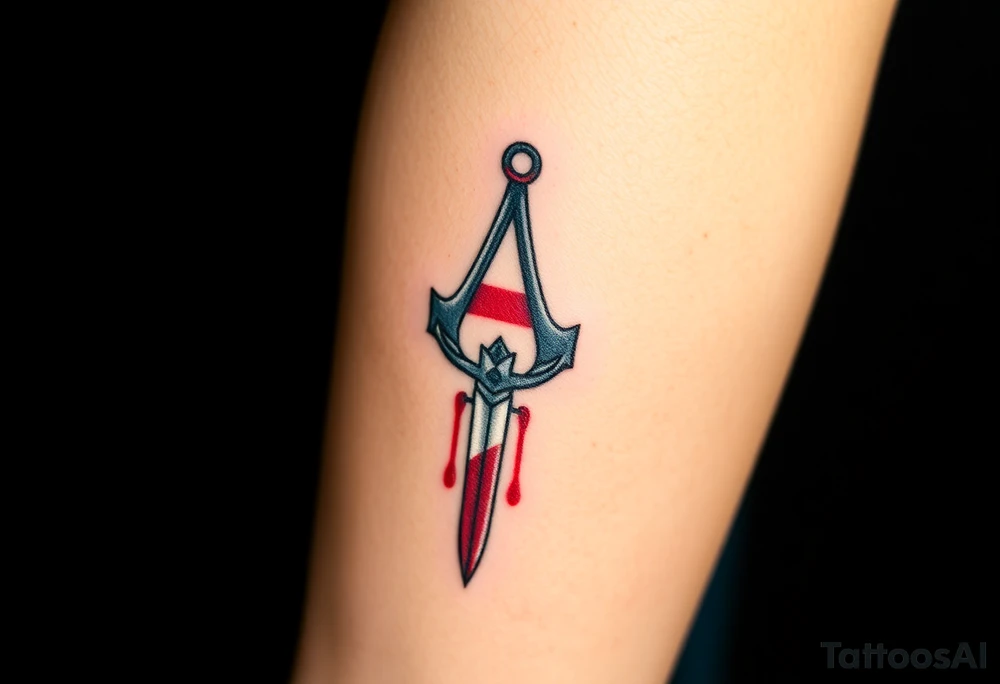 Assassins Creed with English flag and a sword with blood, no words tattoo idea