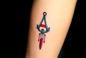 Assassins Creed with English flag and a sword with blood, no words tattoo idea