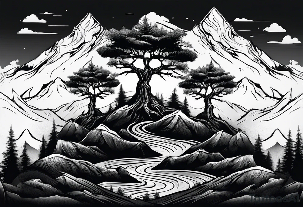 Three mountains three trees with roots tattoo idea