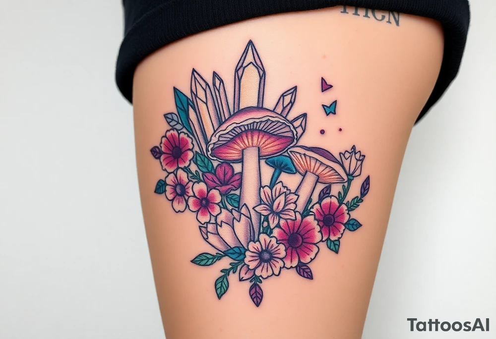 psychedelic  tattoo with crystals and  flowers and mushrooms tattoo idea