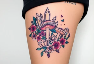 psychedelic  tattoo with crystals and  flowers and mushrooms tattoo idea