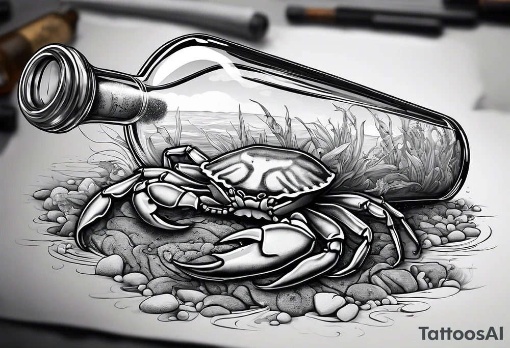 A message in a bottle. Rolled up map inside the bottle. crab outside protecting the bottle. tattoo idea