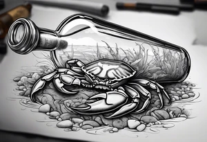 A message in a bottle. Rolled up map inside the bottle. crab outside protecting the bottle. tattoo idea