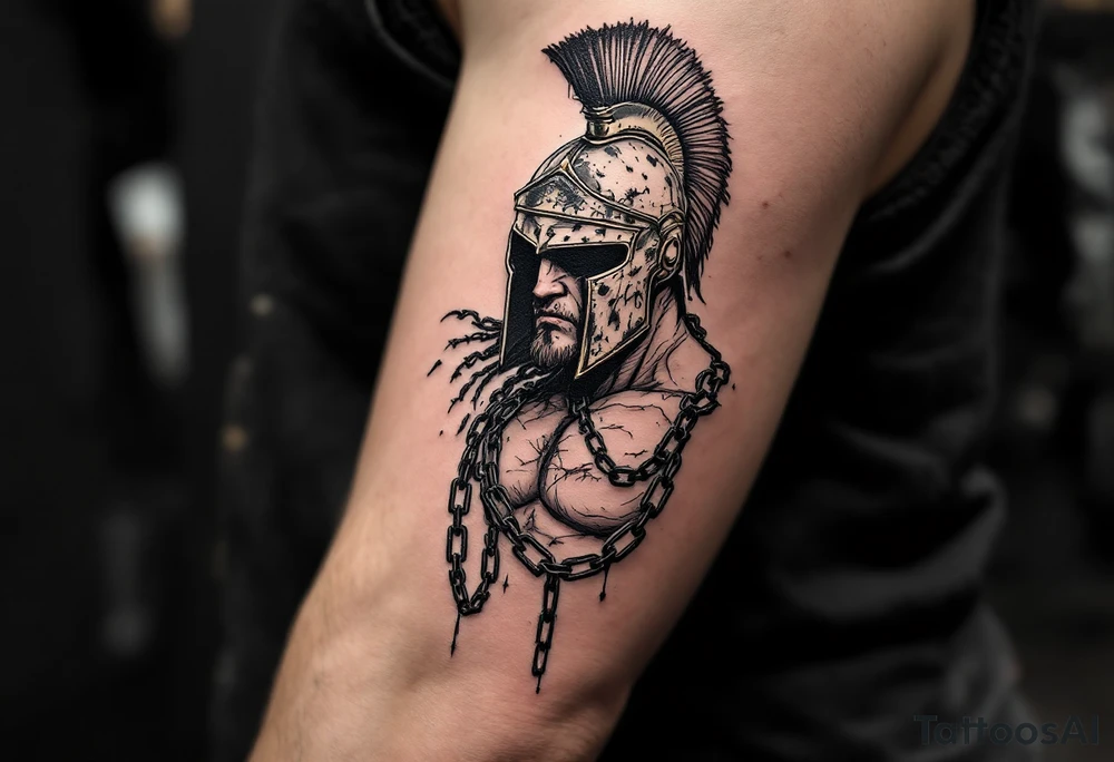 Chains of the Slave Gladiator – A warrior with iron chains hanging from his wrists, symbolizing his past as a slave. His rusted helmet bears the scars of countless fights, and his muscular body is covered in old wounds. tattoo idea