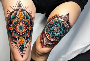 knee tattoo with sacred geometry, swirls & washes, background and in fall colors tattoo idea