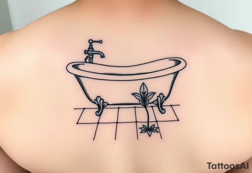 clawfoot bathtub with simple faucet and lily coming up out of the tile floor tattoo idea