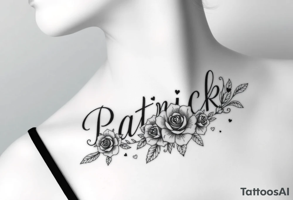 The name Patrick with roses and hearts tattoo idea