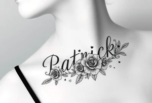 The name Patrick with roses and hearts tattoo idea