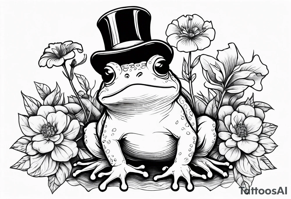 Cute toad wearing top hat and a suit standing on its Back legs while holding flowers tattoo idea