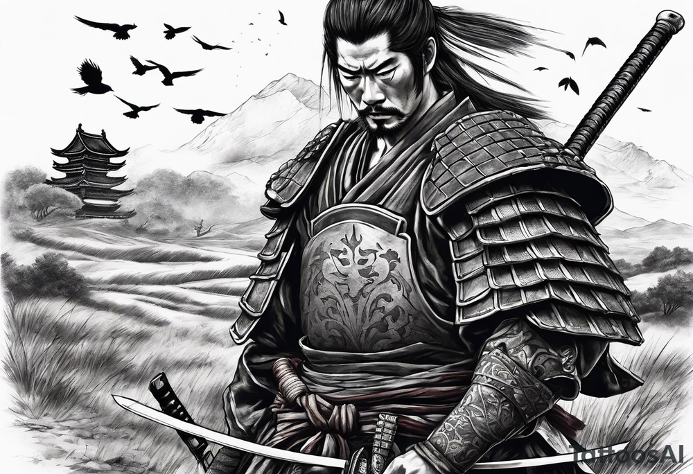 A tired samurai wounded from battle holding his helmet in one hand and in the other hand his sword with a mixture of blood and dirt, wearing his dirty armour he is steeping above some body's from the battle in open field and looking vaguely to the horizon while crows are flyting above him and the corpses tattoo idea