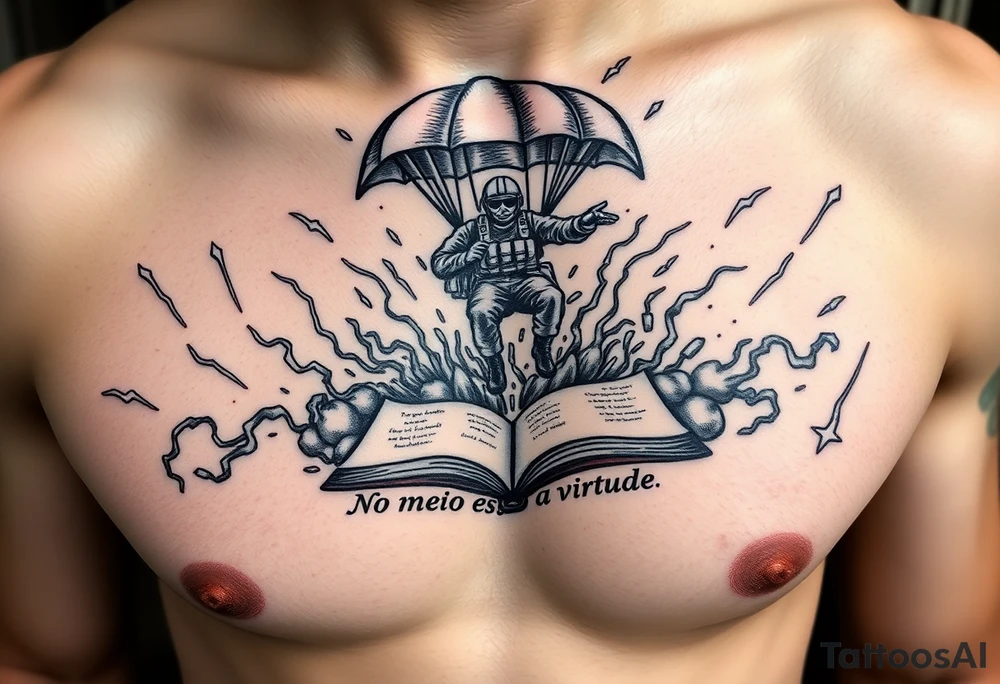 A parachuting soldier landing into an open book. Chaos surrounding, but the book is protecting the soldier from it. On the chest. Make it smaller. Make it thought provoking. "No meio esta a virtude" underneath the book. Make the chaos in the environment be a thunderstorm tattoo idea