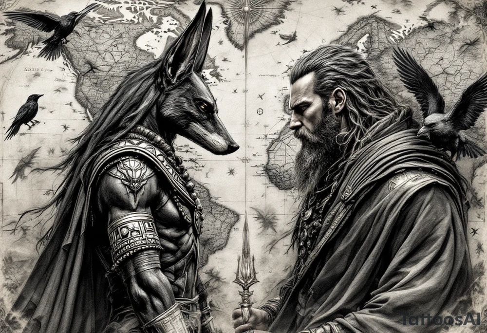 Design a full-back tattoo in a hyper-realistic style. The central background is a detailed geographical map, showcasing continents, oceans, and subtle topographical details, blending seamlessly into the composition. On the left side, Anubis, the ancient Egyptian god of the afterlife, is depicted in striking realism, standing tall with a jackal head, wearing traditional Egyptian armor and holding an ankh and a scepter. On the right side, Odin, the Norse Allfather, is shown in battle, wielding his spear Gungnir, with his ravens, Huginn and Muninn, flying around him. Odin’s intense expression and flowing cloak contrast with Anubis's stoic, watchful presence. The two figures face each other across the map, creating a dynamic tension, as if representing two powerful mythologies guarding the world. The design incorporates fine details and shading to bring depth and texture to the tattoo, emphasizing realism and artistry tattoo idea